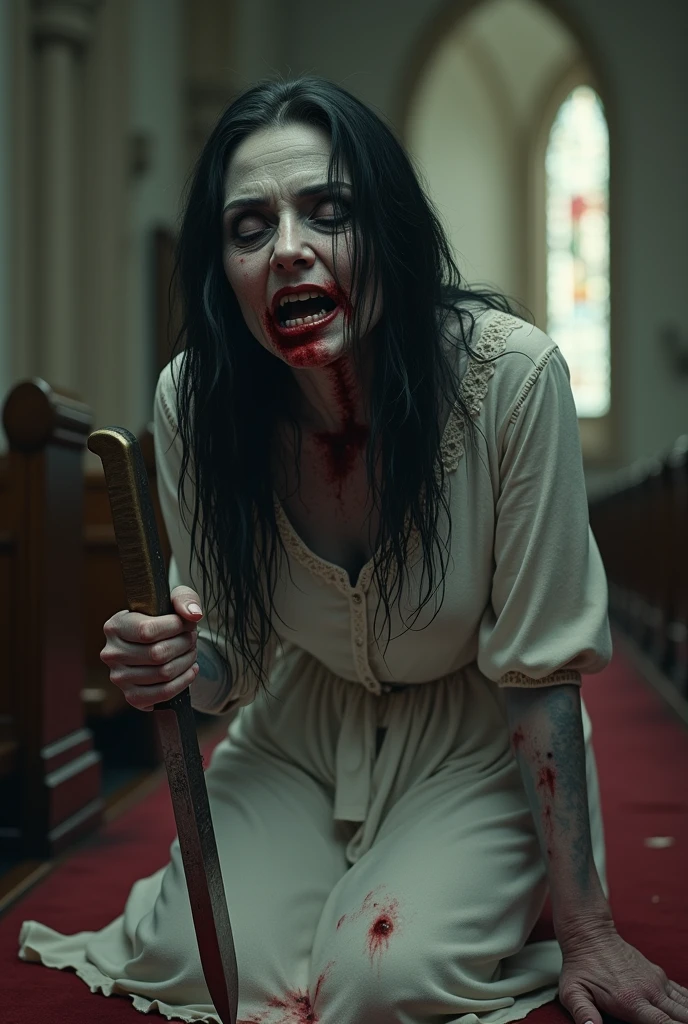 Undead sinner on her knees, forced oral sex, (oral rape:1.3), Sexual violence, hand on her head, holds her by the hair, (traces of beatings on her body:1.2), torn clothes, Sexual slavery, hellish torment