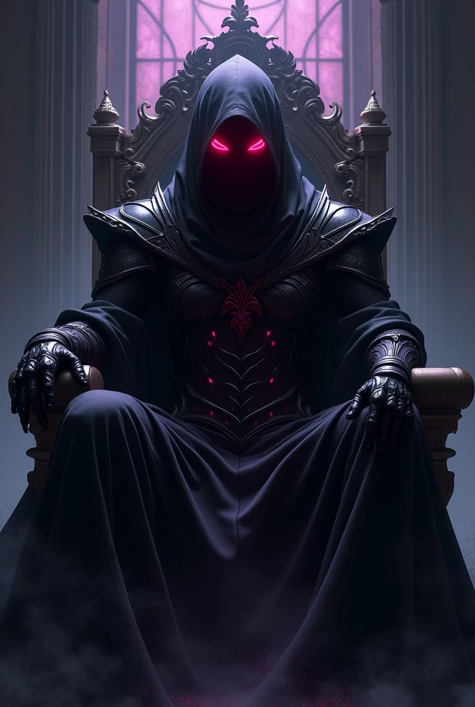 a shadowy figure, looking like the archetype of death, this figure is seated on a throne made of human skulls, the figure wears a red cape that runs over the throne like blood. Art style by Micheal Whelan