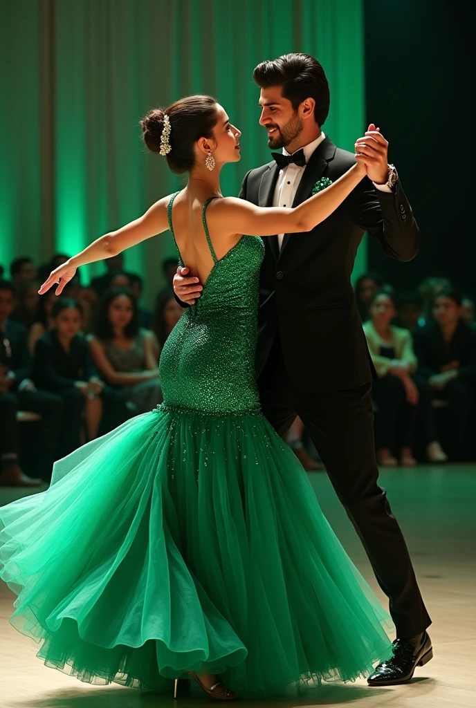 Une femme et un homme, jeunes, very fair skin, dansent la salsa, souriant, heureux, corps entier, Head full, The woman wears a short green sequined dress and long black hair, The man wears a black suit and a white shirt, colorful background