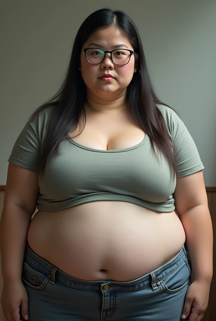 Fat Japan Woman Yoga Wear Show your stomach sixty years old Black background