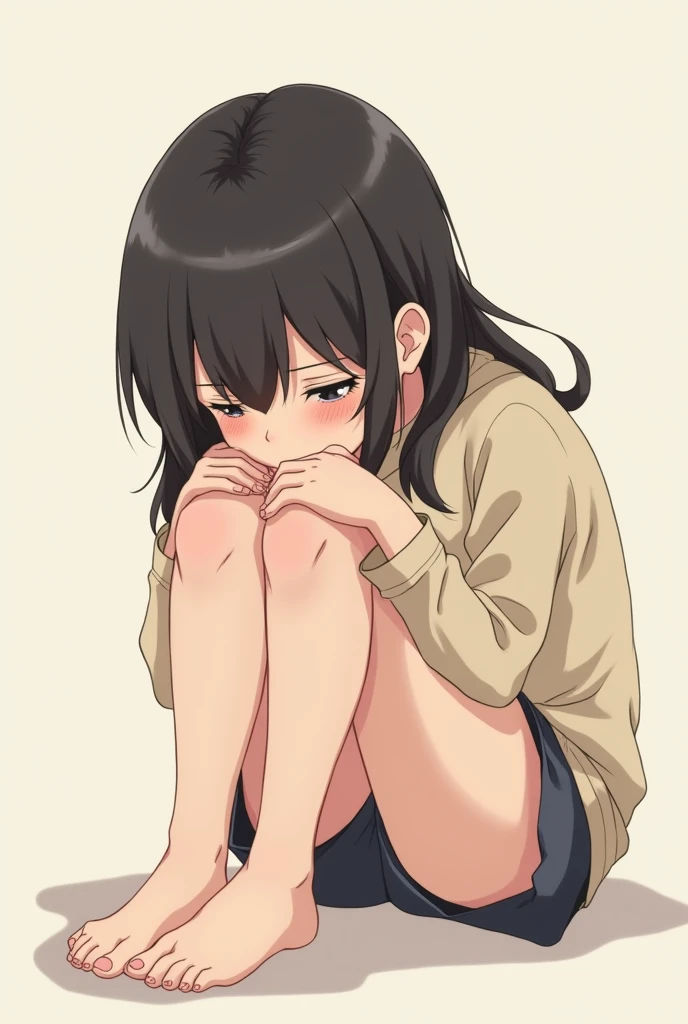 masterpiece, best quality, <lora:kongoumitsuko:1>,solo, 1girl, panties, underwear, pantyshot, school uniform, long hair, black hair, blush, socks, hugging own legs, sitting, sweater vest, hand fan, skirt, brown eyes, white panties, shoes, black eyes, folding fan, simple background