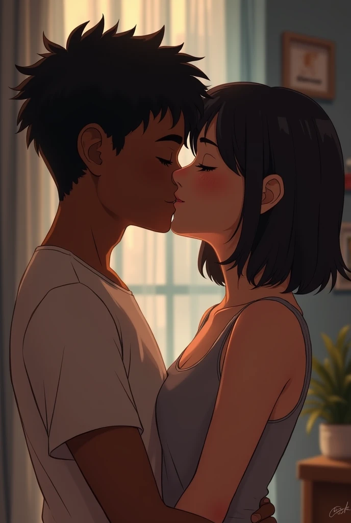 A man with 170cm height and short black hair parted in the center is sitting on the floor with his back against the bed.、A full view of a 163cm tall man with shoulder-length black hair parted in the middle sitting between her legs.