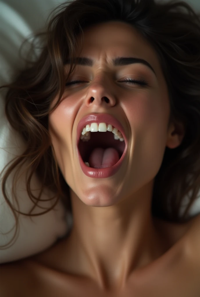 woman screaming with pleasure and excitement lying on a bed looking up, mouth open and tongue out, face is covered in white jelly, expression of despair, 30s, round face, cinematic, detailed, (best quality, 4k, 8k , high resolution, masterpiece: 1.2), ultra-detailed, (realistic, photorealistic, photorealistic: 1.37), HDR, UHD, studio lighting, ultra-fine painting, sharp focus, physically based rendering, extreme detail representation, professional , vivid colors, bokeh, portrait