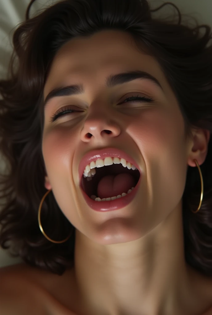 debris flies,Award-winning photo, very detailed, edge orgasm, woman with open mouth and closed eyes , skin shining with sweat、Illumination that emphasizes shiny sweat{{{spread }}}, black hair、NSFW,{{{{Crowd of male onlookers}}}},(elongated nostrils)、lighting from below、frowning expression