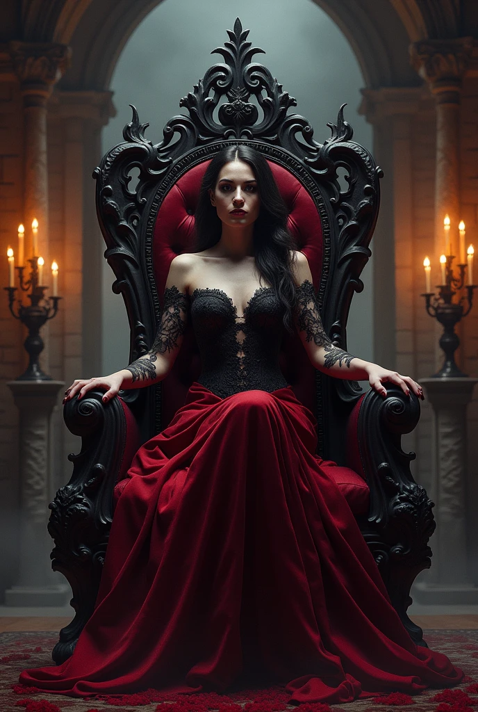 Sexy older sister Black and red hair(7:3) villain Vampire Queen Blood aura Black and red dress Overwhelming power red aura