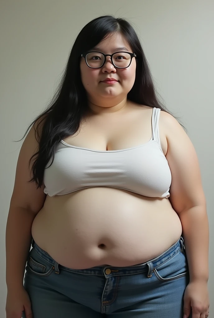 A Japanese women with long hair and beautiful wears glasses becomes obese,fat and overweight and a lot fatter and a nerd