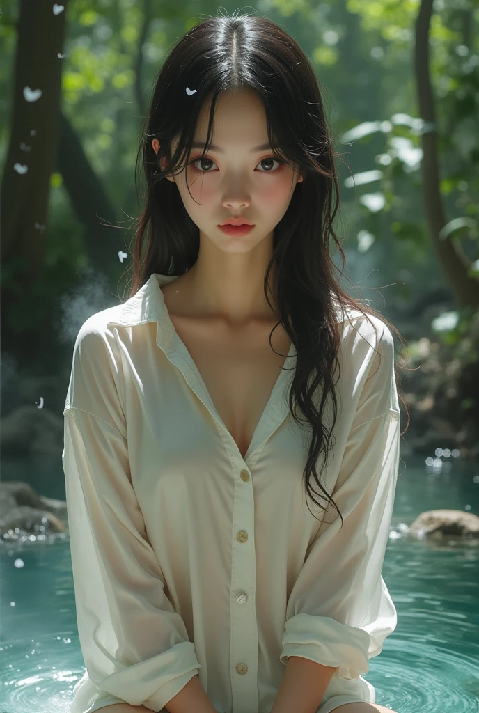 A beautiful young girl, standing in the rain, long wet hair, water dripping down her body, serene expression, outdoor natural scenery, lush green foliage, dramatic lighting, moody atmosphere, photorealistic,masterpiece, cinematic, dramatic colors, chiaroscuro lighting
