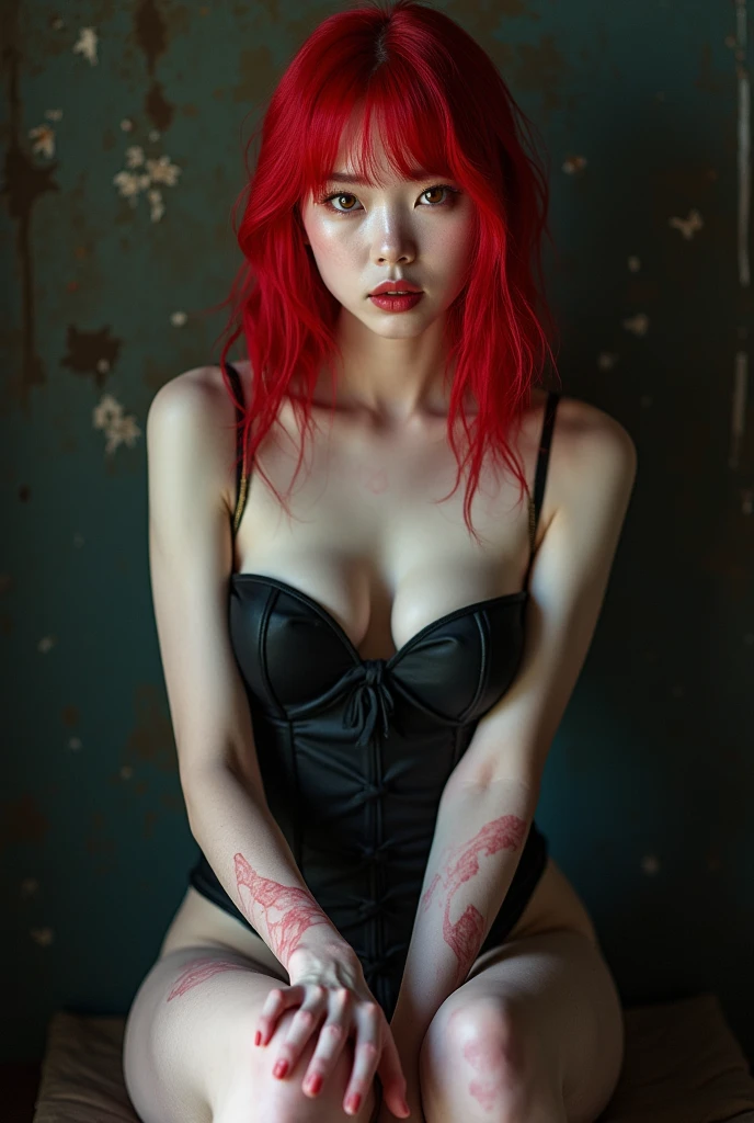 there is a woman with red hair and black makeup posing for a picture, cruel korean goth girl, inspired by Shinoda Toko, inspired by Tadanori Yokoo, black and red, japanese gothic, red and black, goth clown girl, goth girl, huge breasts, wearing atsuko kudo latex outfit, black and red hair, in red and black
