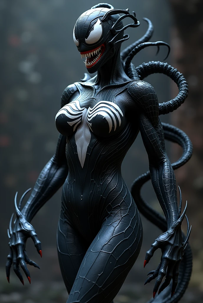 Female, thick thights, tongue out, abs, breasts

 alien
mammal 
 symbiote
Venom