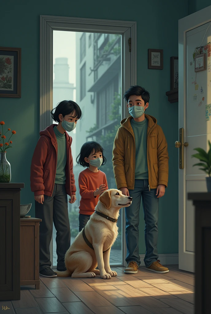 laboratory, (obra-prima desenho de arte, 1 boy aventureiro, fearlessly looking at an adventure test tube along with his three dog friends  ( detailed enhanced animation), roupa lab coat.  (obra-prima detalhado), Scientific laboratory, (realista), luz solar,