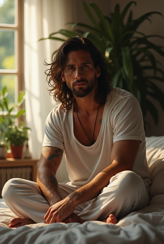 (photorealism:1.2), beautiful man, sitting on bed, wearing loose off-shoulder top, pajama pants, long curly hair, indoors, soft lighting, plants in background, window with sunlight, cozy room, relaxed pose, realistic, intricate details, warm colors, by Greg Rutkowski