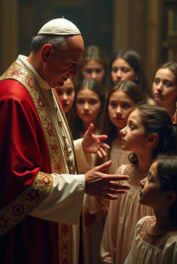 (absurderes, 8k, 4K, work of art, hyper extreme detailed:1.2), three people, 1 father,  1 girl, 1 boy,  father back, perfect faces, eyes locked,  standing,  shorth hair, hair with gel, red tunic, black tunic, white surplice, long sleeves,  fazendo penitential act de culpa, closed right hand hitting the chest, nun clothes, child, catholic church, religious, Godlike, nun costume, virado para a frente, from front view, tilt your head, altar boy clothes,  acolyte clothing, eyes locked, right hand hitting the chest, penitential act.