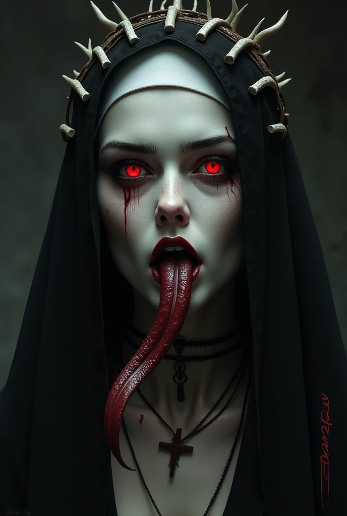 CarnageStyle, (WHITE AND BLACK:1.35), portrait of a possessed nun, bible, catholic, religion, cross, praying, intricate, headshot, highly detailed, [nsfw digital painting:50], artstation, concept art, nipples, bloody , erotic horror, sharp focus, cinematic lighting, illustration, art by artgerm and greg rutkowski, alphonse mucha, cgsociety, dark,tongue,gore, (Masterpiece:1.3) (best quality:1.2) (high quality:1.1)
