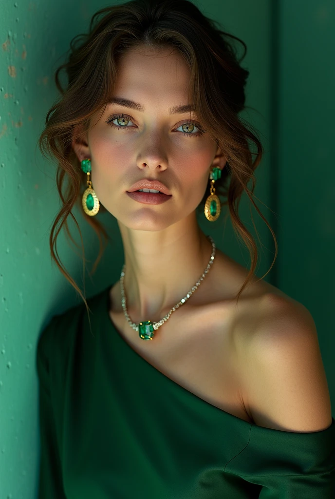 <lora:isabelamerced_xl_lora_30:1> isabelamerced a beautiful woman Realistic 8K portrait: A young Smiling Freckles brunette, green eyes, wind-blown long hair, pearl necklace; dramatic lighting, cinematic colors; hyper-above