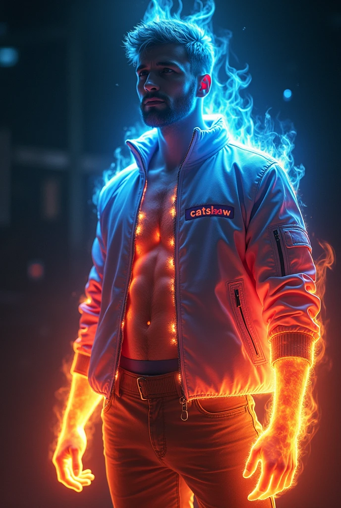 Full body photorealistic handsome hunky young slender futuristic male hero with messy red hair wearing a orange and yellow costume and wristbands that can create massive fire,,super Bulge.