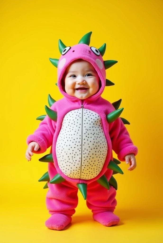 Create an ultra-realistic 8K photograph of an adorable one-year-old baby standing at the center of the image, smiling brightly and facing the camera. The baby is dressed in a highly detailed dragon fruit costume, designed to mimic the fruit’s unique and vibrant texture. The costume features a bright pink exterior with soft green accents resembling the dragon fruit’s leafy spikes, while the front reveals a white, seed-speckled center that perfectly replicates the fruit’s interior. The texture of the costume is smooth and slightly glossy, with a lifelike, fresh appearance enhanced by soft lighting. The baby wears a matching pink cap with green leaf-like protrusions that mirror the fruit’s natural look. The background is a bold and vibrant yellow gradient, carefully chosen to contrast beautifully with the pink and white tones of the costume, making the image highly eye-catching and optimized for engagement on platforms like TikTok. The overall atmosphere is joyful and visually stunning, perfect for capturing attention