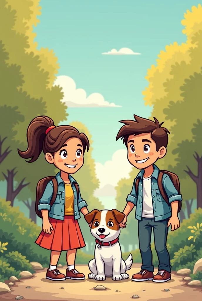 2 people holding hands, preferably young people aged 22 or over, accompanied by a brown hen and two dogs, one black and one white with brown small
