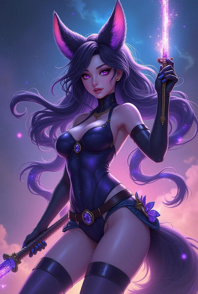 Women, purple skin, purple eyes, Galaxy hair, Two fox tails, adulte, sexy, badass, weapon, Galaxy Long Hair, Details, Work of art, helluva boss, two tails, manga