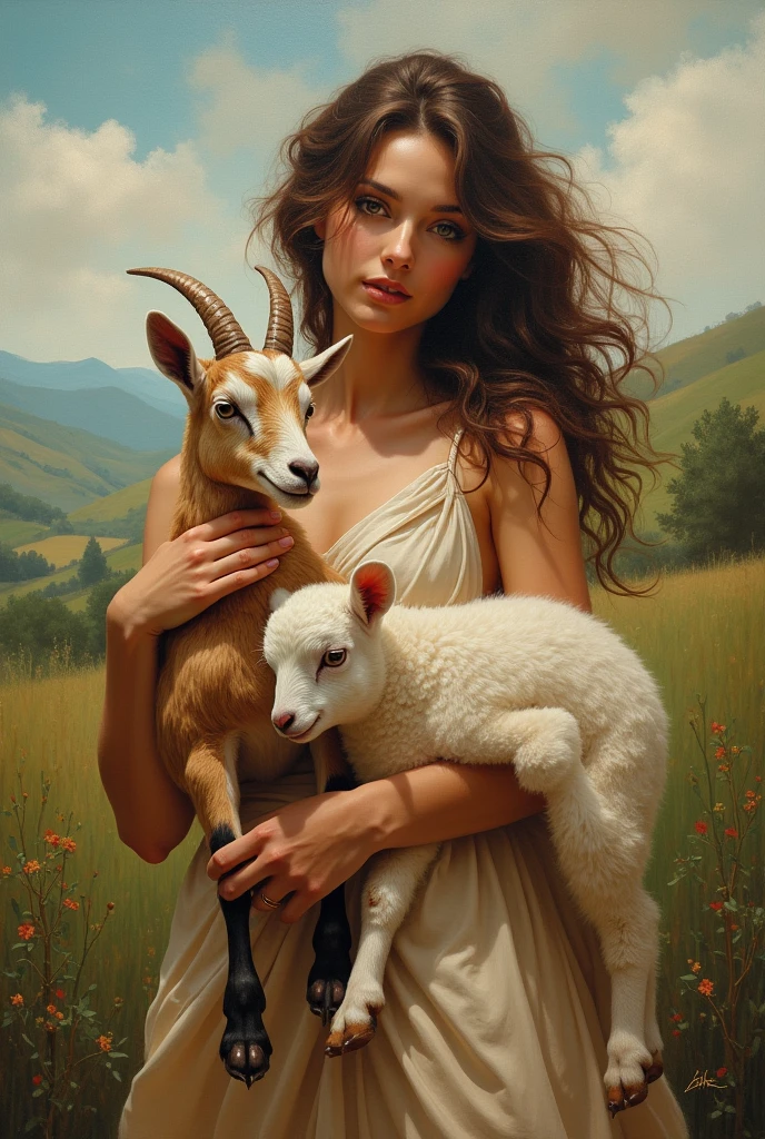 (shepherd holding a stick, wandering, sheep, sheep, sheep,sheep,sheep,sheep,sheep, many sheep and dogs and birds, blood, dirty clothes, a mature sad female, back of female, ethereal, large breasts, vivid color, bare shoulders, arms down, armpits, thighs, [light smile], expressionless, masterpiece, 8k resolution, fantasy art, ((high jumper's body proportions)), ((obesity: 0.0)), ((((no panties)))), ((no panties))), ((( No pants))),(((No socks)))),(No skirt)))),((No shoes)))),((Dynamic posture)))), (Full body))), , (Greek feet), (Carefully groomed nails),((Delicate and small toes, perfect toes))), (Camel toes),((Correct anatomy)),((Correct dissection))),( Clothing: high slit design, white flowers cut at the waist, perfectly blending with the figure))), (((the world of clouds and mist))), (the clothes are painted with dirty and blood )))),