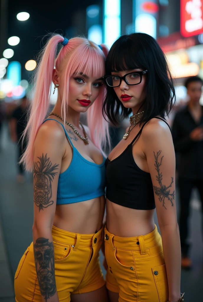 Best quality, photorealistic, 8k, masterpiece, A woman with a tattoo on her arm and a bag on her shoulder, tattoo sleeve on her right arm and neck, of croatian girl with tattoos, tattoos and piercings, beautiful female punk,pink and purple hair, choker, heavy bracelets, pastel clothes, croatian market, busy crowded streetscape, miniskirt, pink tank top, bright sunny day, market downtown, tight laneways, feral grin, heavily saturated photo, liz.ashley