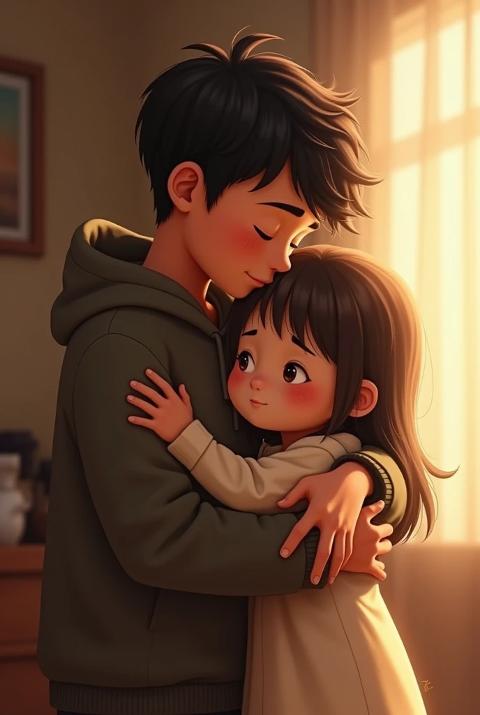 Short girl with dark brown straight hair and light brown eyes with a short skirt next to a tall curly boy with glasses and green eyes in a possessive atmosphere
