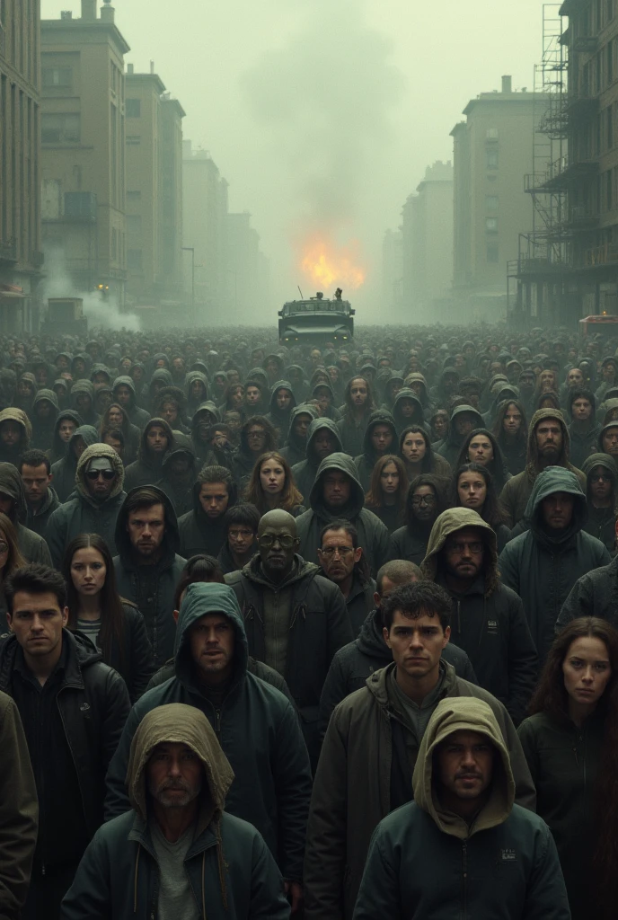 2024; (masterpiece, best quality) destroyed city (new York)scared 1people looking up(close-up); bombs falling from the sky.
