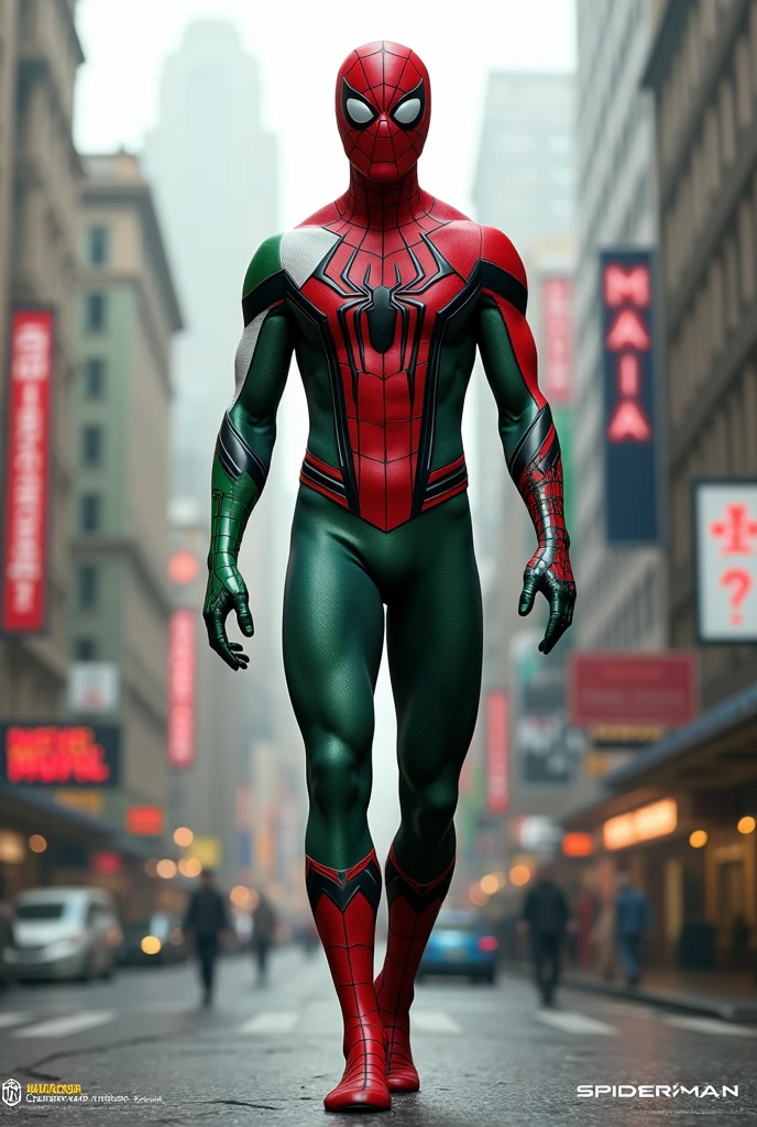 anime man character standing in cool position wearing Spider-Man proper costume and 3D image high quality image in anime style green background