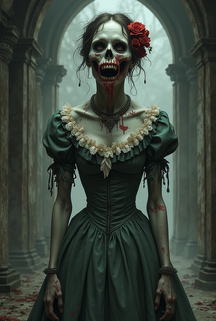 (zombie young girl face:1.4), a bride, zombie face, angry face, hair with strands of gray hair, open mouth, rotten, in a dirty torn wedding dress, a dress in red liquid paint, in a veil, wounds, abrasions, cuts, bruises, bullet holes on the body, in the background a church cathedral, cemetery, detail face, detail backgrounds little blur, reflection from wet, not much light on models, correct shadows, HDR, photorealistic, professional photo, gloomy style