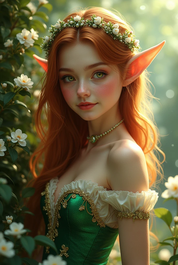 Beautiful young elf girl , in forest , gold hair, full body, around pink flowers, green dress, open chest, sleep 