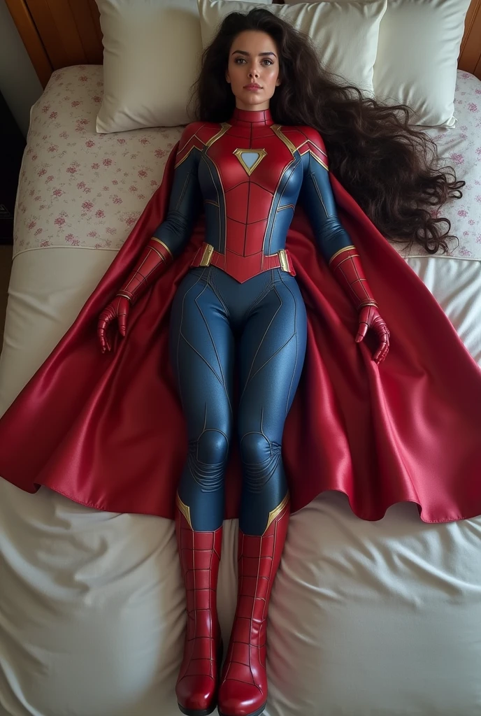 Marvel movies,full body,photo of a 18 year old girl,spiderman,lying on bed,seductive smile,ray tracing,detail shadow,shot on Fujifilm X-T4,85mm f1.2,sharp focus,depth of field,blurry background,bokeh,<lora:add_detail:1>,