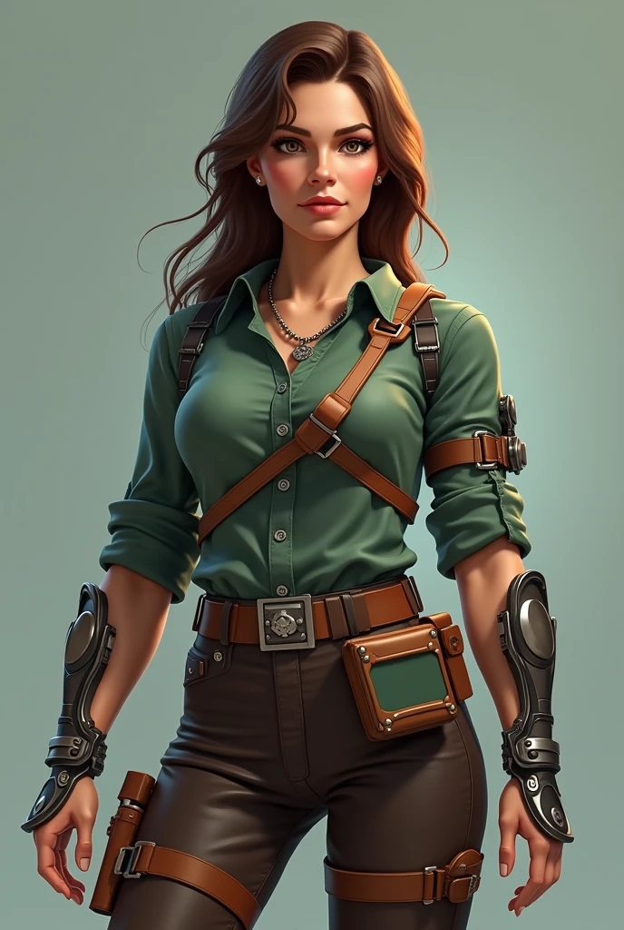 isometric, futuristic American female in his late 30s,A face and expression that conveys a sense of dignity, brown hair, Wearing a green cyberpunk shirt, Wearing a copper-colored iron sling, dark brown pants, Wearing iron protection on the arms, 3d character image