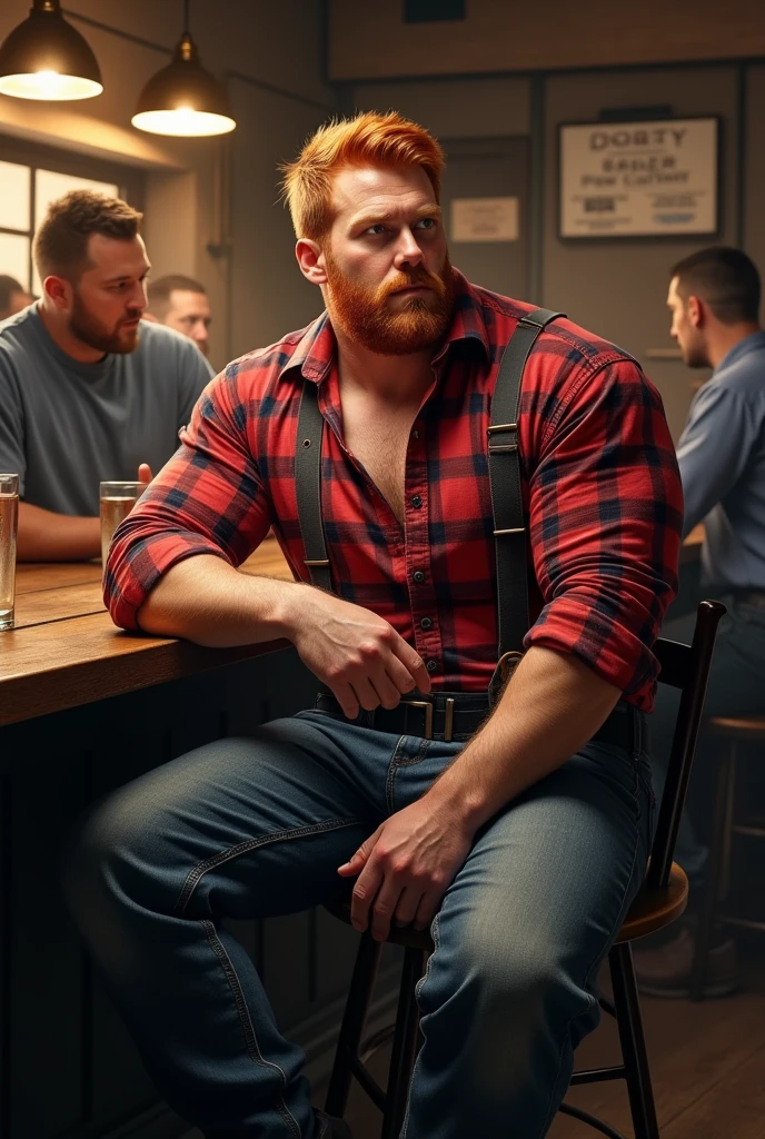 a male 22 years old firefighter man taking off clothes at a firestation, seductive facial expression, ginger hair, medium beard, hairy body, sweat on body, firefighter uniform, pulled down pants, dynamic pose, staring at a viewer, natural lighting, natural shadows, reflections,  4K, HDR, highly detailed, raytracing, reflections,