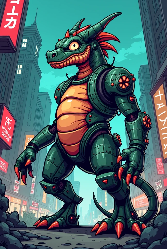 Dragon mutant cyborg style cartoon soideart distorted shape with thick features style urban art