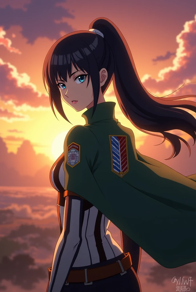  Attack on titan anime style screenshot of a woman , s, with slim body,  long hair with a ponytail and a French fringe ,  Black hair, white skin tone,  big eyes, blue eyes, thick eyebrows, thin pink lips.  The background landscape is a sunset
She wears the costume of the Legion of Recognition.
studio WIT season 1 