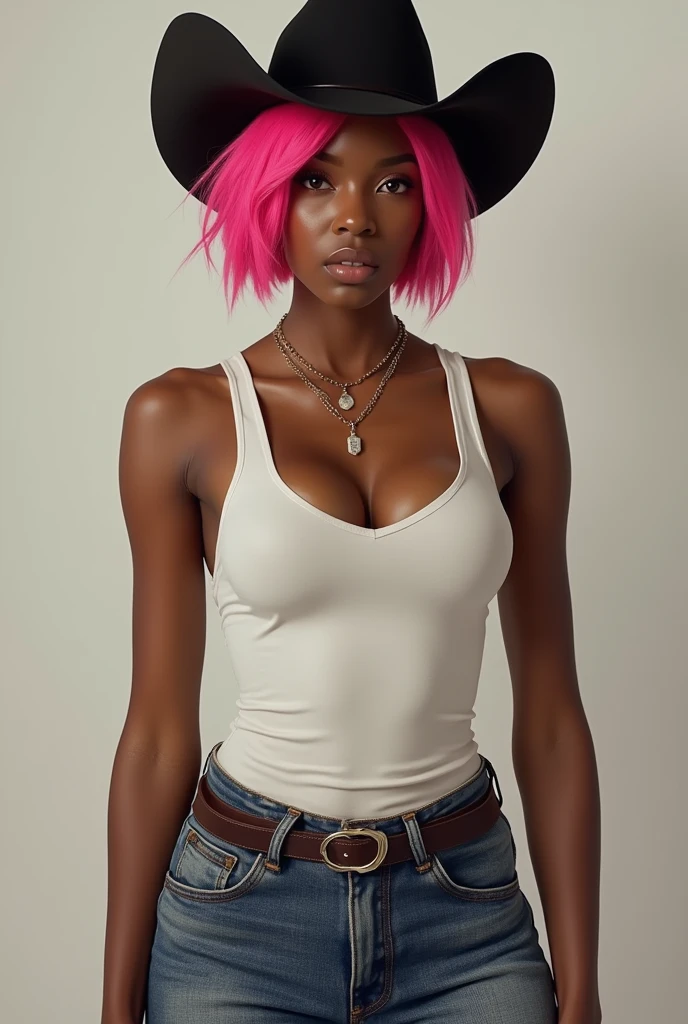 A dark-skinned woman with pink hair has a Russian flag on her skirt on a white background. She holds a tick in her hands.