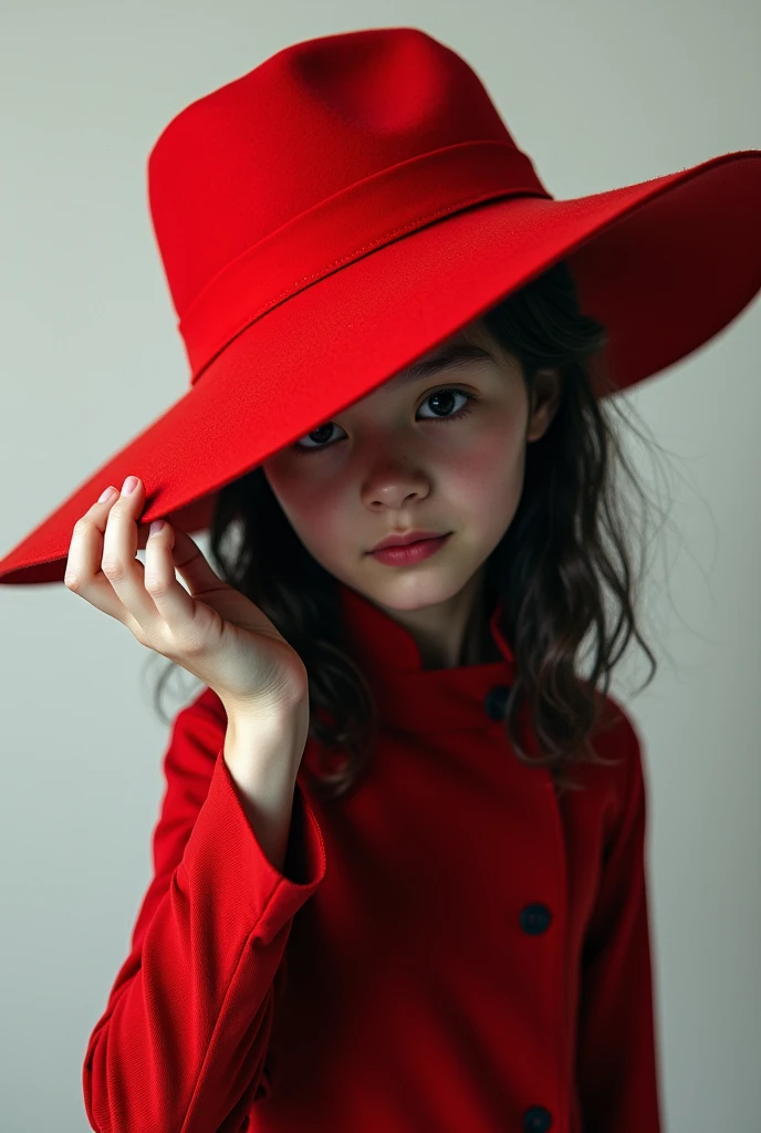 small girl, Red dress, short brown hair, Red eyes, witch hat