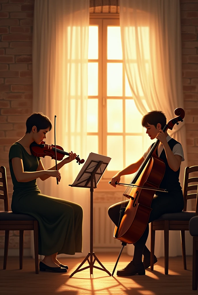 Sunlight streams through sheer curtains into a warm brick-walled studio where musicians pour their hearts into rehearsal. The rich tones of violin and cello blend together as sheet music rests nearby, telling stories of classical masterpieces. Natural light bathes the scene in golden warmth, highlighting the wooden instruments and creating an atmosphere of artistic dedication. The musicians sit at angles to each other, completely absorbed in their craft, creating a perfect picture of musical collaboration.