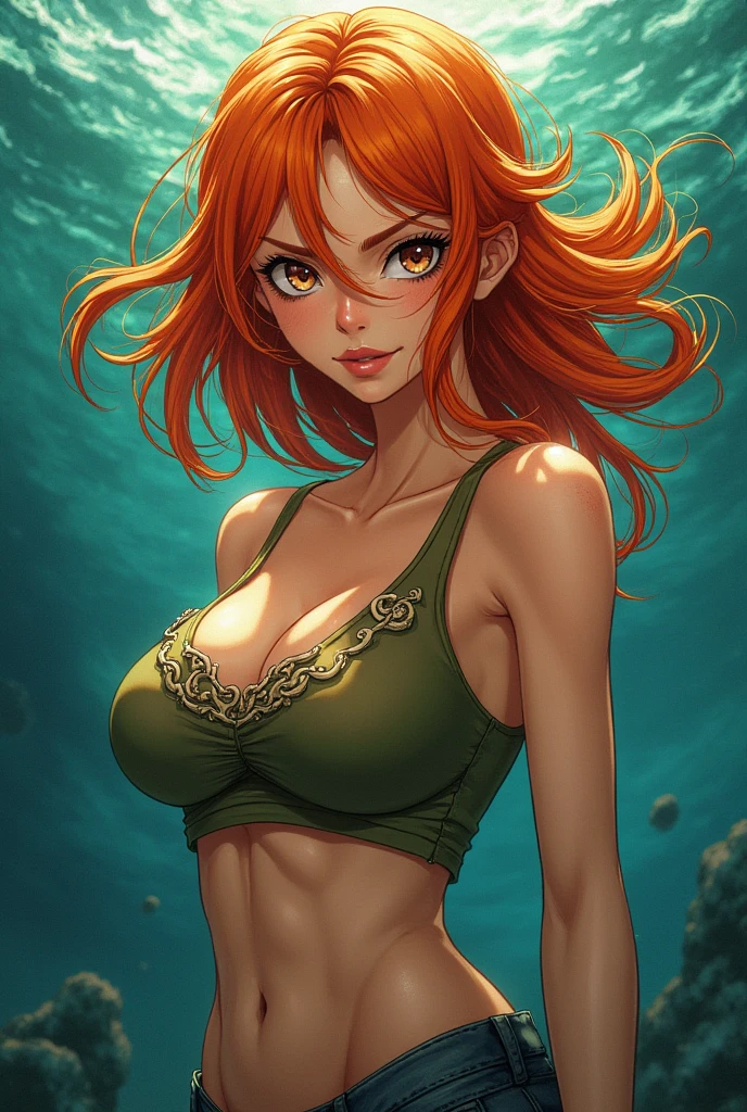 chiaroscuro technique on sensual illustration of an elegant , retro and vintage, matte painting, by Hannah Dale, by Harumi Hironaka, extremely soft colors, vibrant, pastel, highly detailed, digital artwork, high contrast, dramatic, refined, tonal, golden ratio, nami, orange hair, orange eyes, big breasts, cleavage, (arms behind back), looking at viewer, portrait, (solid black background),
