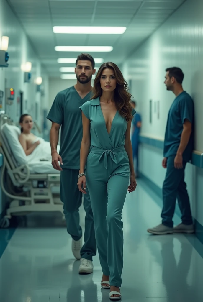 ((A woman on a hospital stretcher, being carried by 2 nurses)),((a muscular young man accompanies them next to the stretcher))((The background is the Emergency entrance of a hospital with the doors open))
(with all the details of it, Blurred details in the backgroun.) Background dark and mistery. Imagen style Hyper-realistic, photo realism, cinematic, dramatic, sensationalist, 8k