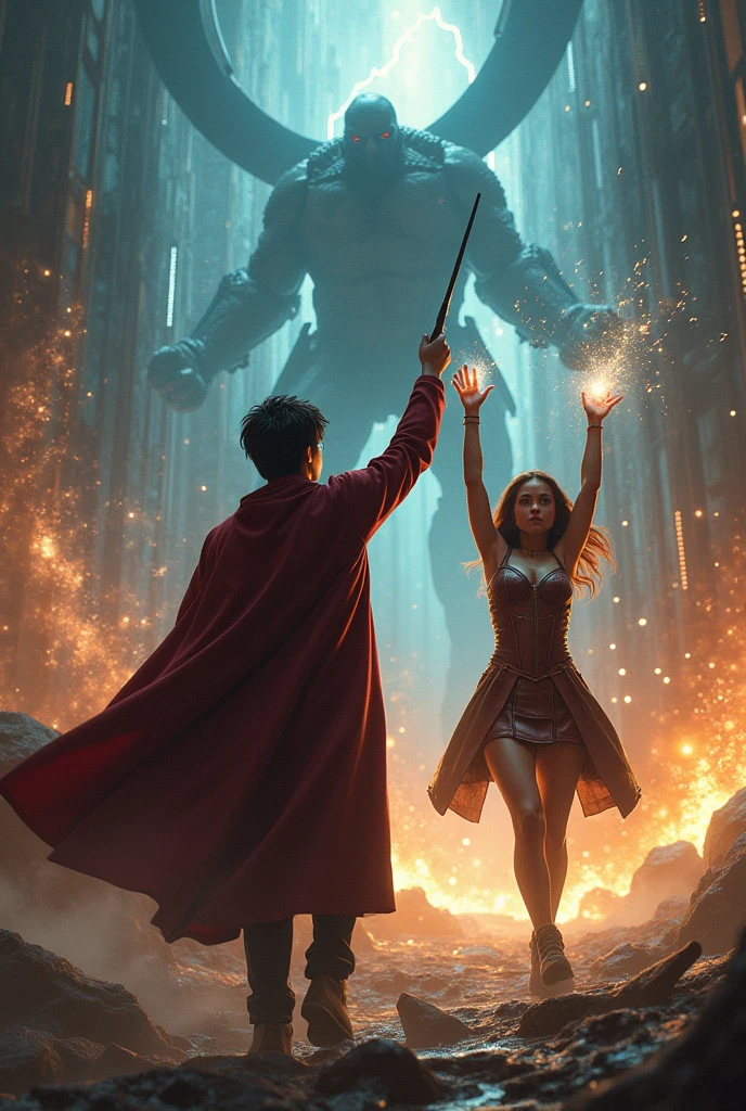 Harry Potter with Shield agent Daisy Johnson, Alias Quake, in the midst of a magical and alien battle against Voldemort and Hive