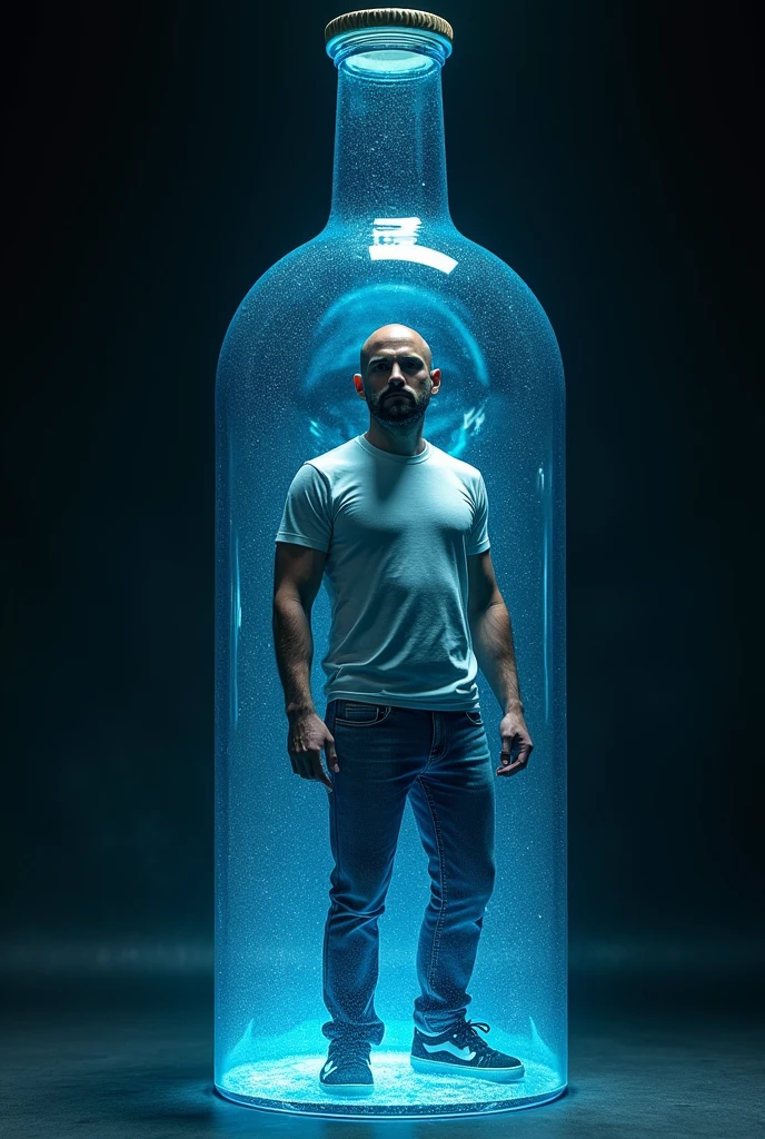 a shaved head man dressed in a t-shirt and jeans and shoes inside a bottle, simple design, detailed architecture, atmospheric lighting, fantasy art, high resolution, complex structure, blue color, glass texture