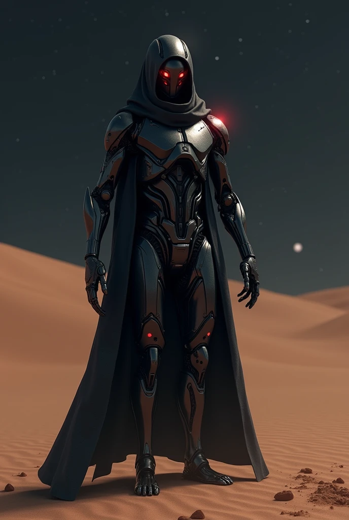 “a man in a space suit standing in the desert, afrofuturism, 8k detail, wearing sci-fi cloak with hood, anfas portrait of a mech warrior, 8k octane render photo, retrofuturistic female android, red desert mars, detailed armor with white scarf, shading unreal engine 5, cinematic lighting, volumetric fog, photorealistic, chiaroscuro, dramatic composition, intricate details, hyper realistic, hyper detailed, high contrast, depth of field, ambient occlusion, subsurface scattering, ray tracing, physically based rendering, advanced cinematic post-processing ((More detail, enhanced, poakl_dragon))