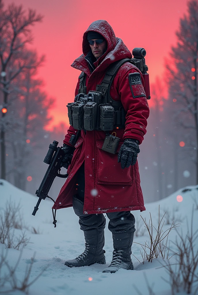 semi-realistic, bochen, guweiz, masterpiece, highres, highly detailed, (Post-apoc, postapoc_character, postapoc_scenery), ((sitting, holding arm, holding own arm, bleeding, blood, bleeding from the arm, hiding, hiding behind cover)), ruined_cityscape, cityscape, overgrown, dark, cloudy, (hazmat, hazmat_suit), 1boy, (snowing, snow), holding weapon, assault rifle, hood, gloves, armor, road