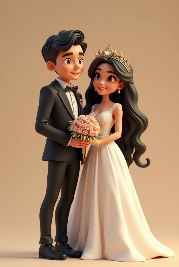 A boy with a tuxedo with low taper fade haircut and a girl wearing one shoulder suade color dress on top with white beads in botton many layers 12 years old couple