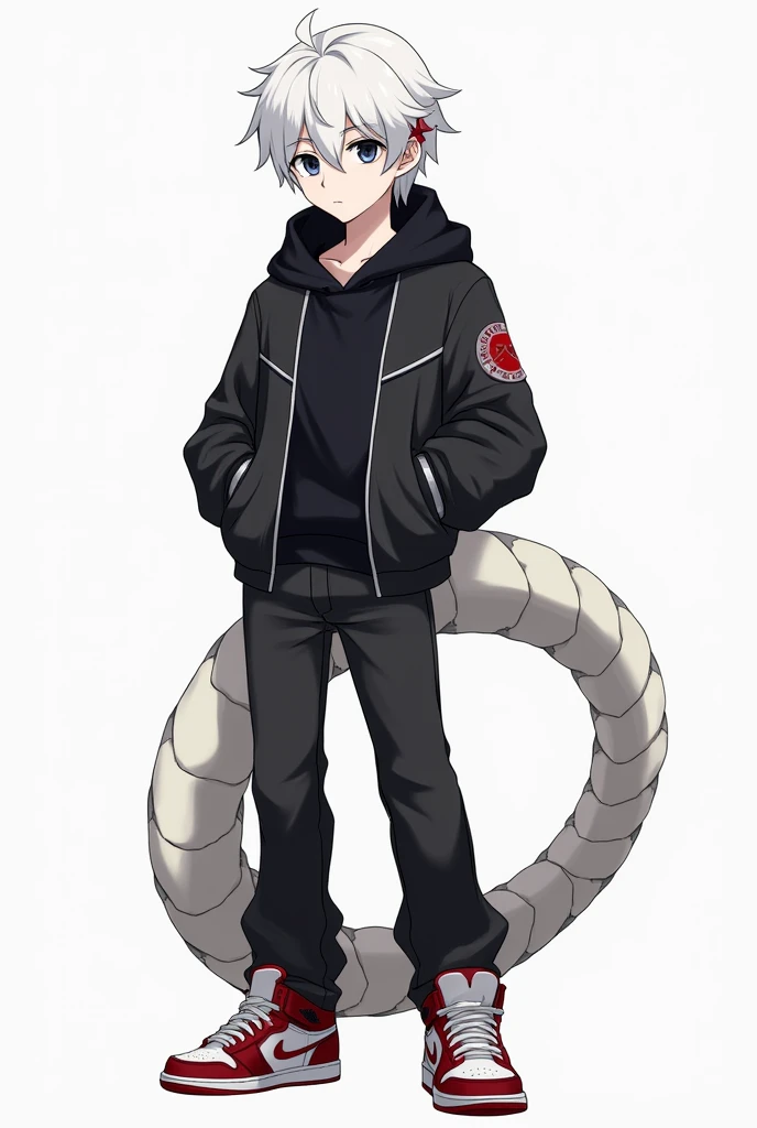1boy, 1eye, white hair, red eyes, black hoodie shirt, white shirt, black sleeves, black pants, red tentacles in back