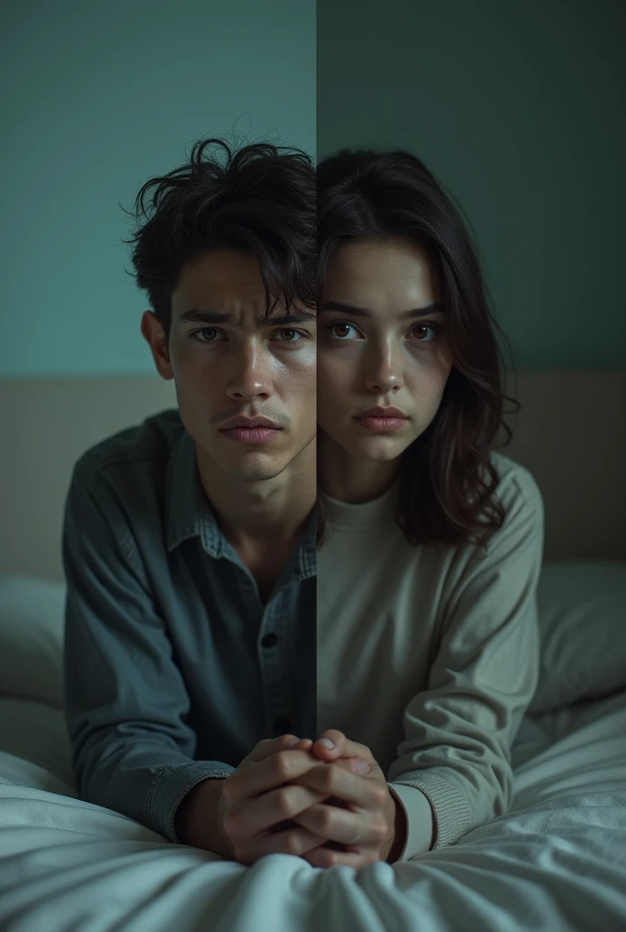 a young bored man and young bored woman wearing white t-shirts sitting on a worn out couch in the dark
