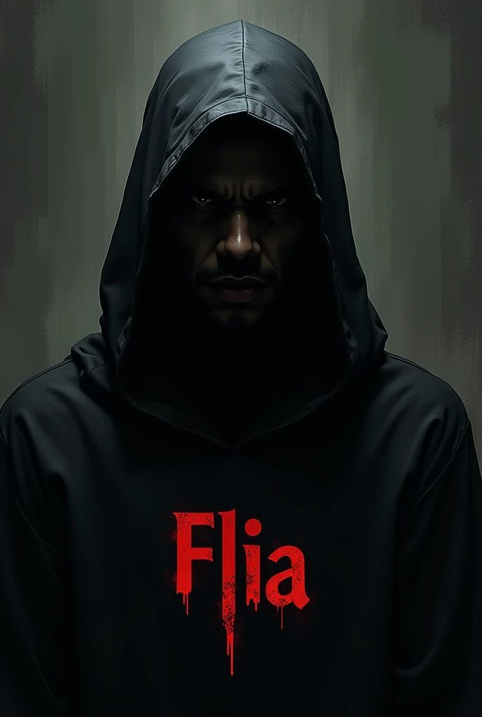 Create the image of a black superhero, with a mask covering his eyes, Scrawny, fraco e com black, using two crutches, with a shirt written "Hawk", next to a garage door written in Portuguese "insane city"
