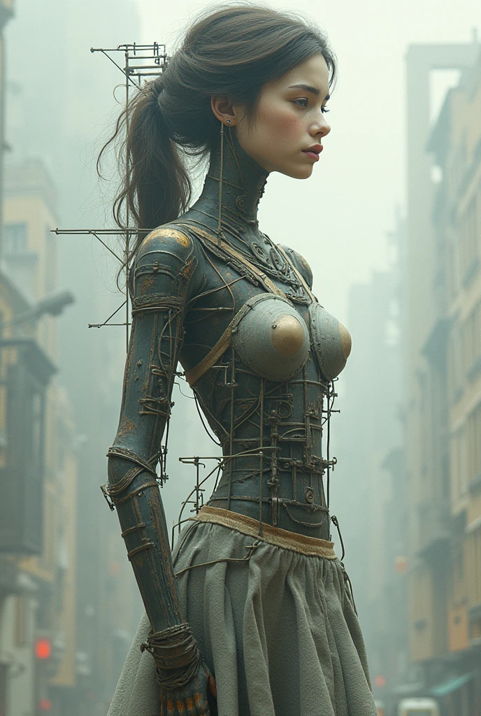 neue sachlichkeit (new objectivity), teslapunk, weathered, wireframe rendering, cob engine, neo-impressionist, photogravure, romantic art,   beautifully rendered, 4k, groundbreaking, juxtaposition, 21 years old woman,