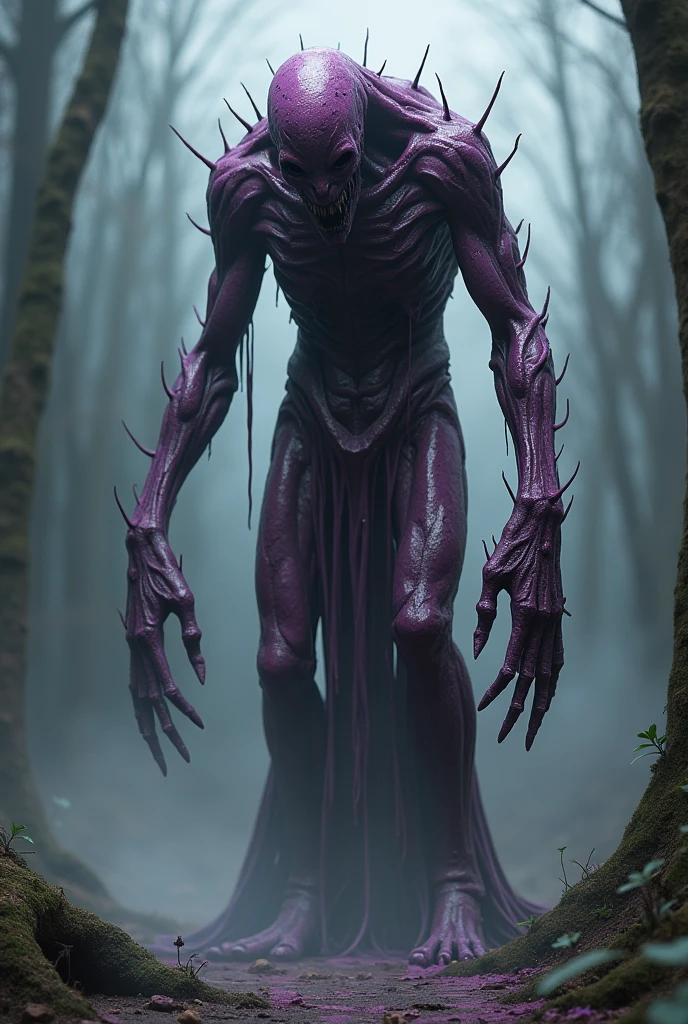 A tall, very thin with purple skin his mouth is open and his teeth are numerous and sharp he has no nose and his eyes are orange, abnormally large and glazed he wears "mantea" ragged red. metal plates screwed to his arms, flegs, chest and some small ones on his head