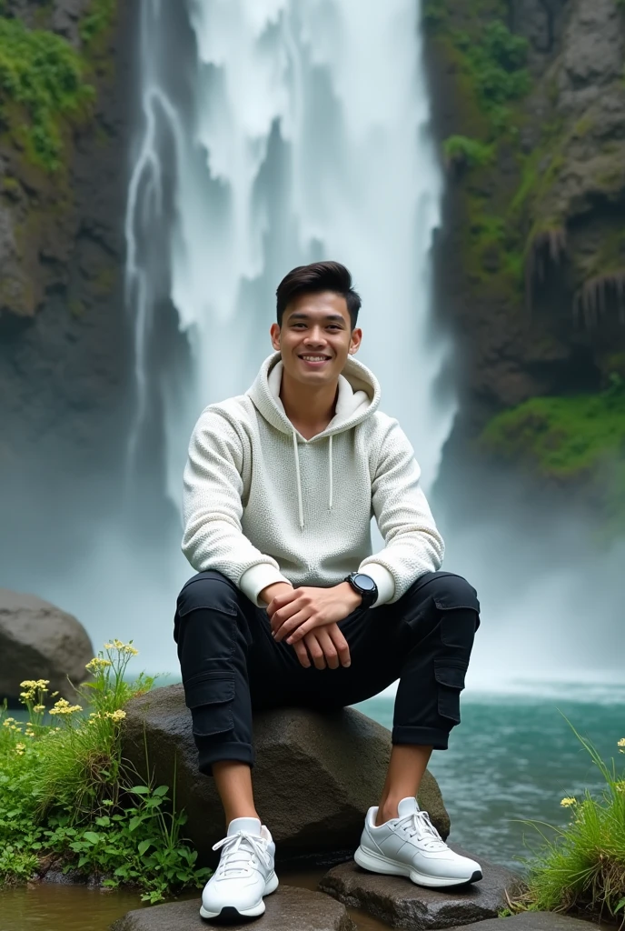 Handsome Javanese Indonesian man (25 years old, oval and clean face, ideal body and neat, Indonesian skin, wearing a trucker jacket and black bag and sneakers, pose sitting on a folding chair, photography style photo facing front, there is a tent beside him, face visible, behind near the man there is a beautiful waterfall, bright ultra HD atmosphere, original photo, high detail, very sharp, 18mm lens, realistic, photography, Leica camera